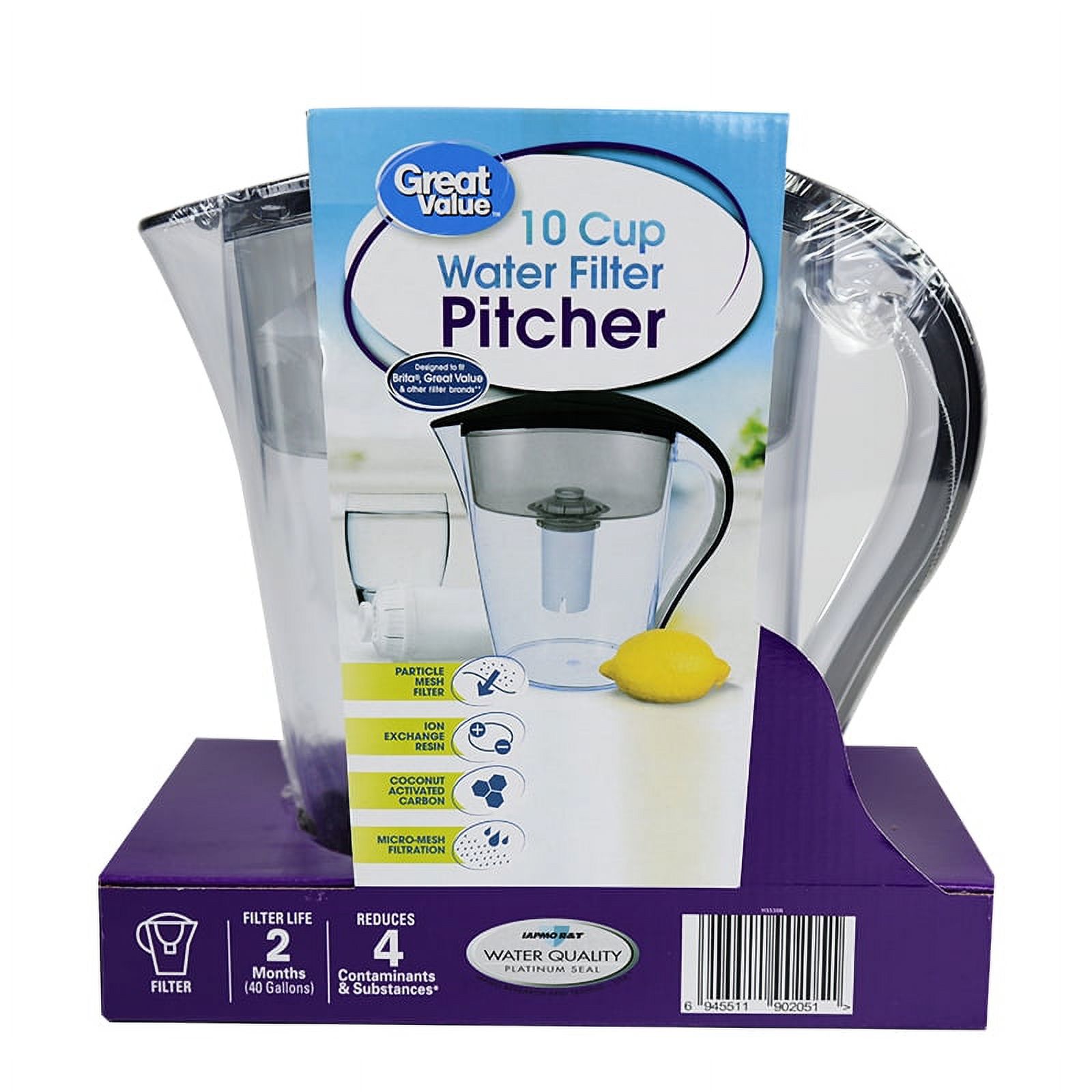 10-Cup Great Value Water Filter Pitcher Brita Compatible, Black $11.60 More Free S H w/ Walmart or $35