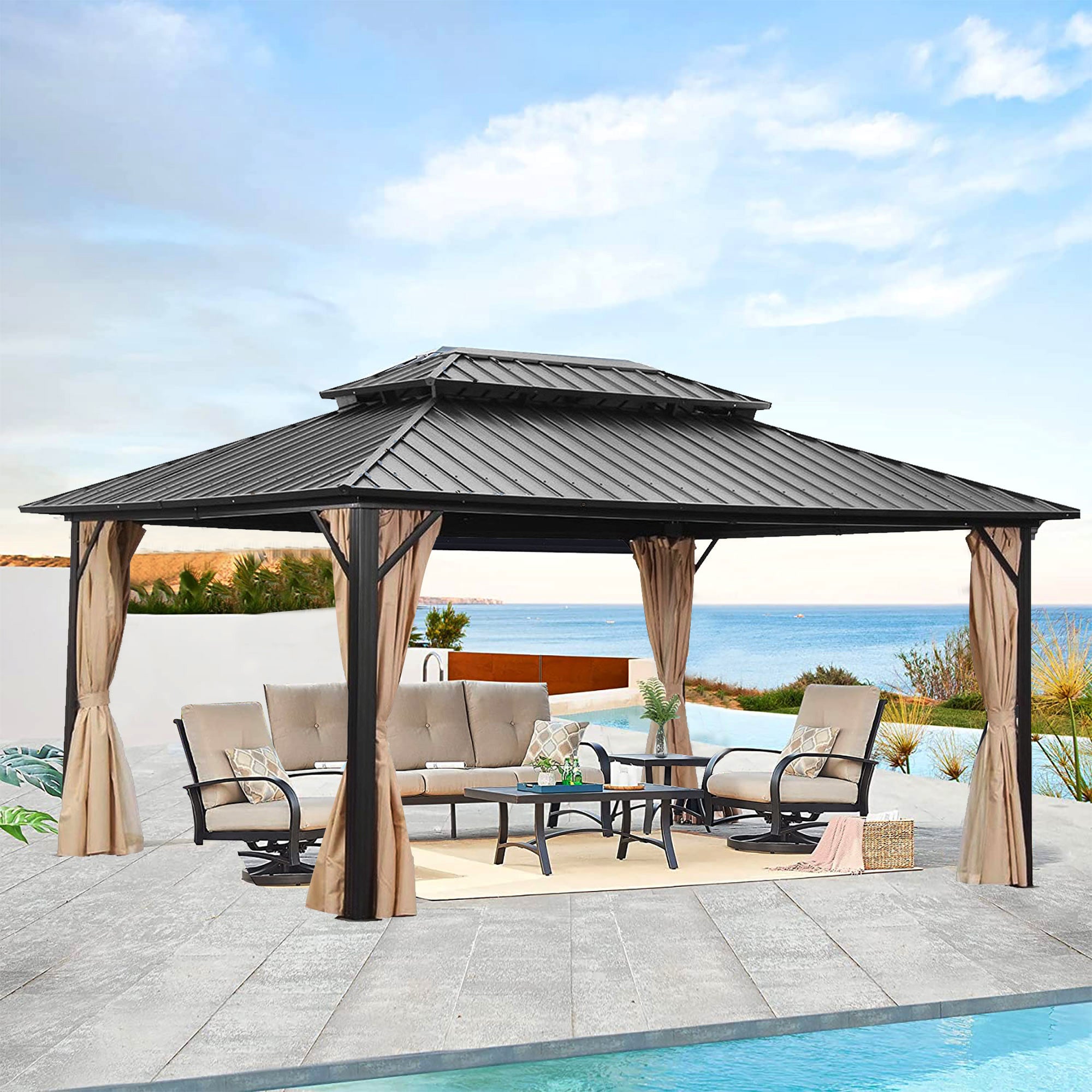 12 x 16 Ainfox Patio Double Roof Steel Gazebo w/ Mesh Screen $1000 Free Shipping