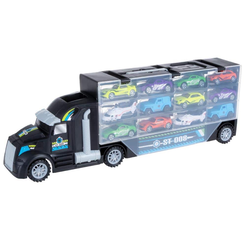 13-Piece 19.5 Bike Lane Semi-Truck 2-Sided Car Hauler Storage Toy w/ Helipad and 12 Vehicles $18 Free Shipping