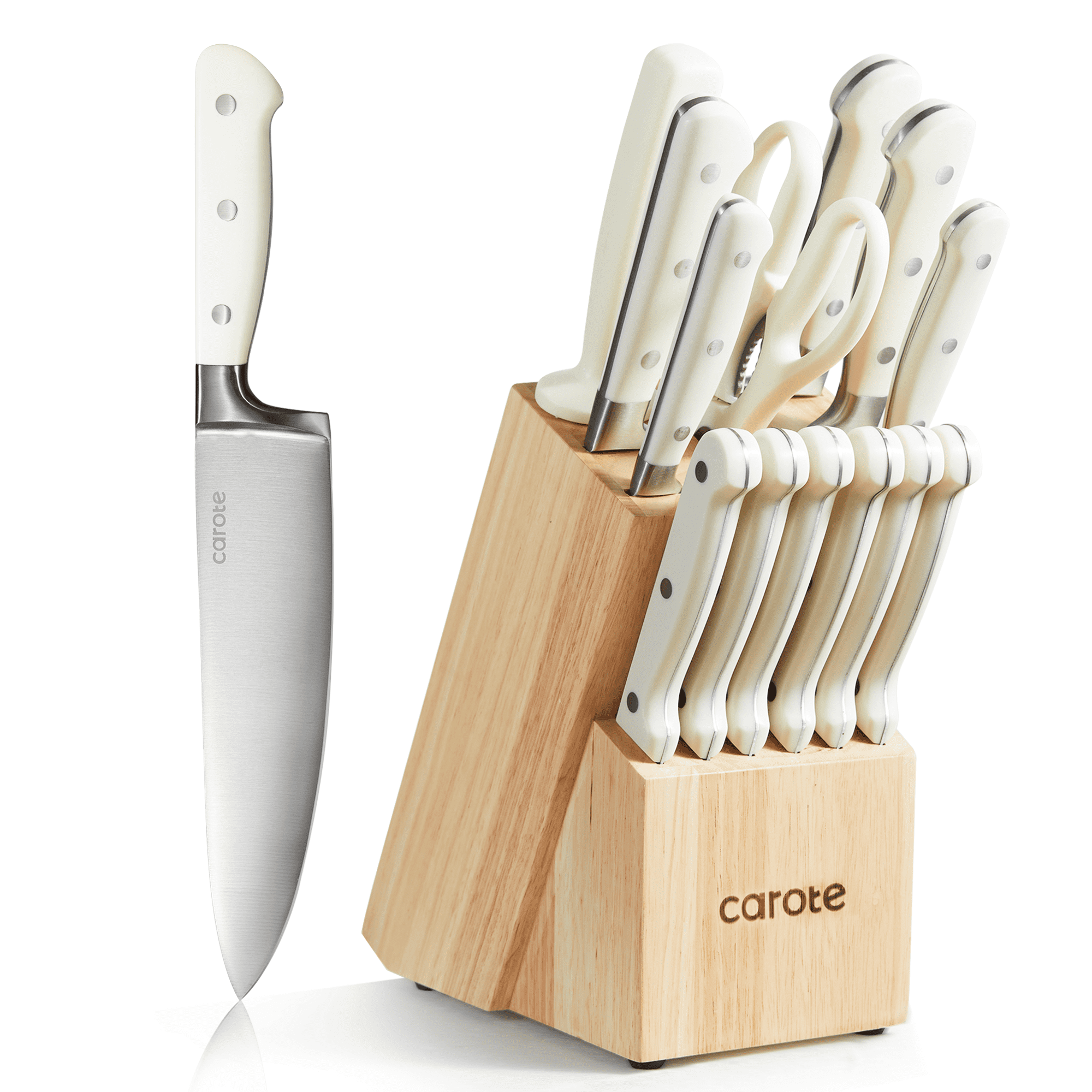 14-Piece Carote Stainless Steel Knife Set w/ Wooden Block Pearl White $40 Free Shipping