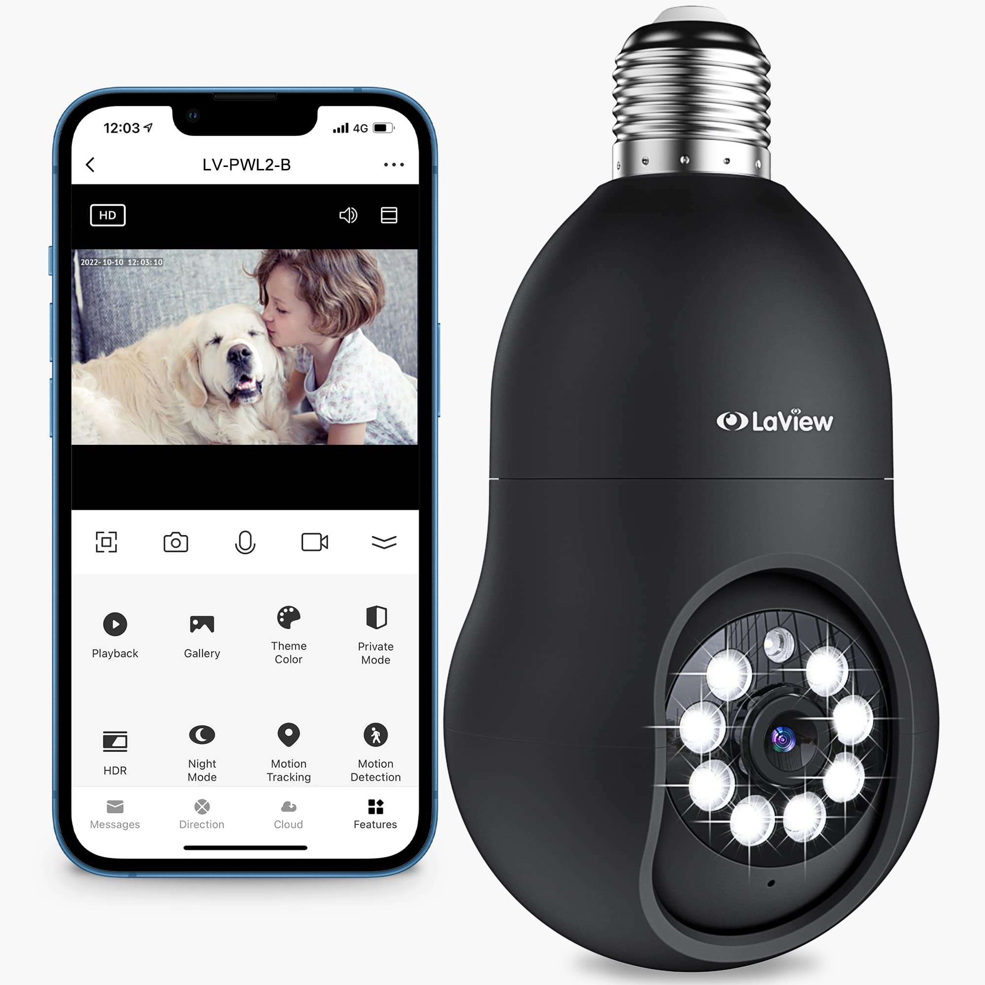 $18.89 Black LaView 4MP Bulb Security Camera 2.4GHz, 360 2K Security Cameras Wireless Outdoor Indoor Full Color Day and 