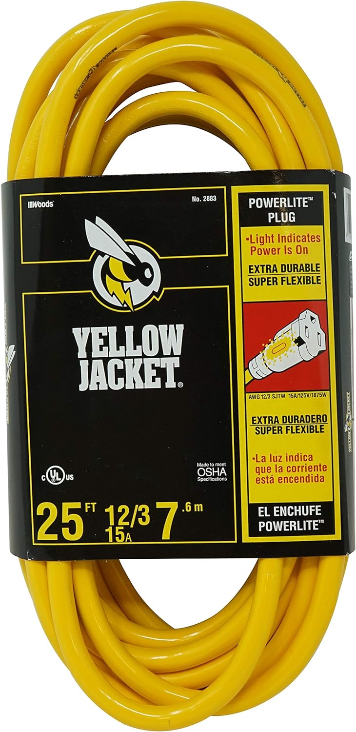 $21.68 25 Yellow Jacket 12/3 Heavy-Duty 15-Amp SJTW Extension Cord w/ Lighted Ends -Amazon