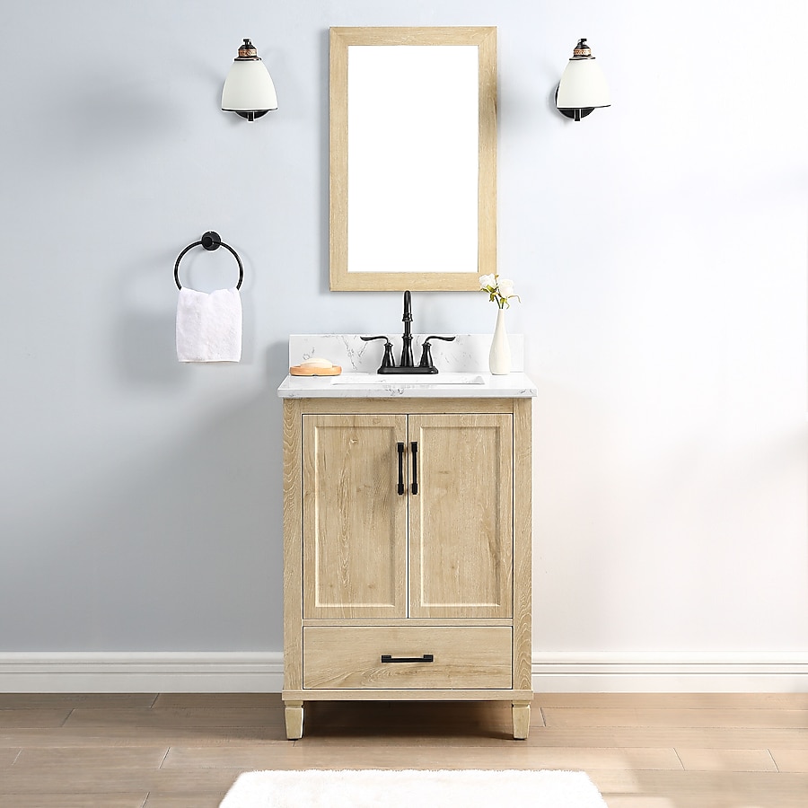 25 Style Selections Walshe Light Wood Undermount Single Sink Bathroom Vanity w/ White Engineered Stone Top Mirror $179 F