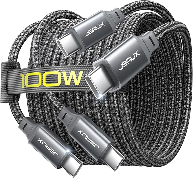 2-Pack 6.6 Jsaux 100W USB-C to USB-C Braided Fast Charging Cable Pixel Grey $5