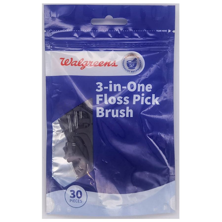 30-Count Walgreens 3-in-One Floss Pick Brush Clear 2 for $1.50 Free Store Pickup on $10