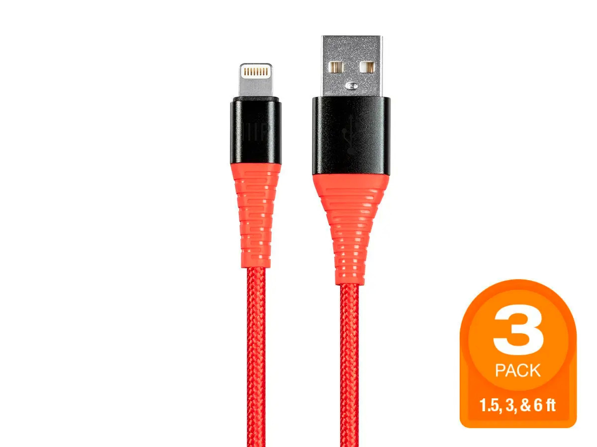 3-Pack 3ft. Monoprice AtlasFlex Apple MFi Certified Lightning to USB Type-A Charge Nylon-Braid Cable Red $7.99 Free Ship