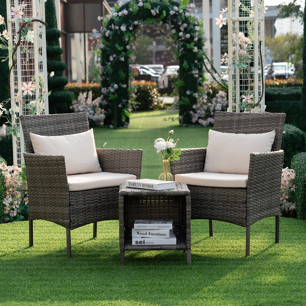 3-Piece Bistro Sets Grearden Wicker Patio Set w/ Off-white Cushions $134, Nuu Garden Patio Set w/ Gray Cushions $175.25 
