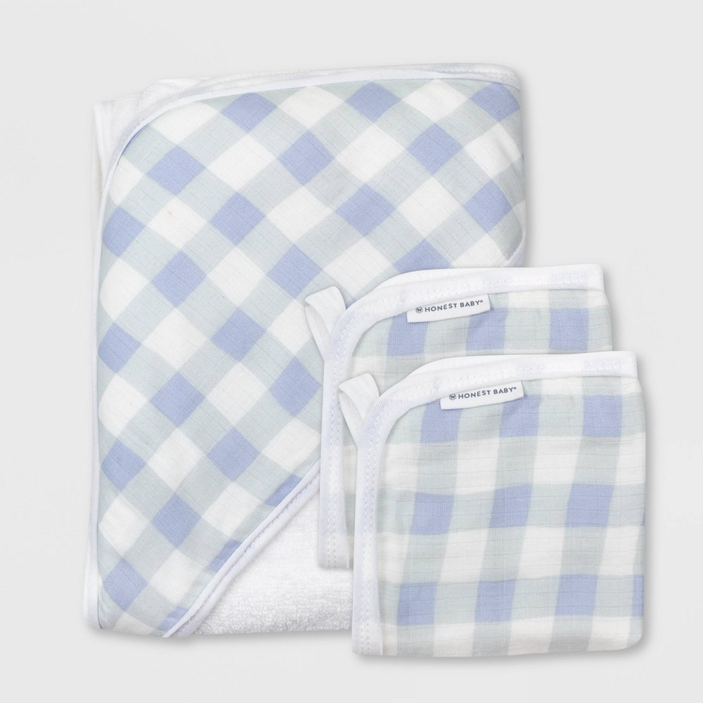 3-Piece Honest Baby Organic Cotton Plaid Hooded Bath Towel Set Blue $12.50 Free Shipping on $35 or w/ RedCard