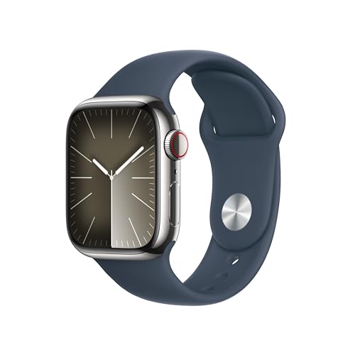 $442.10 Apple Watch Series 9 GPS Cellular 41mm Smartwatch with Silver Stainless Steel Case with Storm Blue Sport Band S/