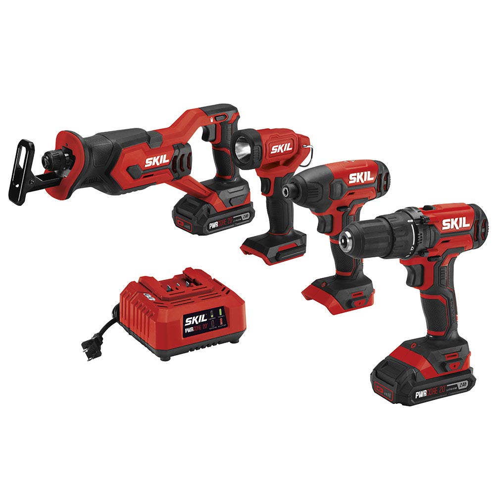 4-Tool Kit 20-Volt SKIL Cordless Drill Driver, Impact Driver, Reciprocating Saw LED Spotlight w/ Two 2.0Ah Lithium Batte
