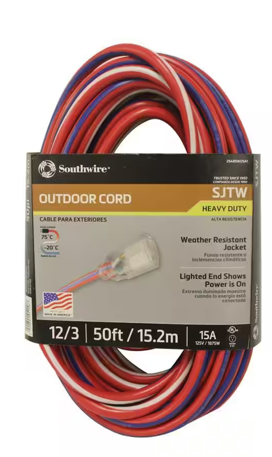 50 ft. 12/3 SJTW USA Outdoor Heavy-Duty Extension Cord with Power Light Plug $27.76 Home Depot
