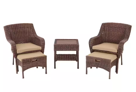 5-Piece Hampton Bay Cambridge Brown Wicker Outdoor Patio Conversation Seating Set w/ Sunbrella Fabric Cushions Beige $34