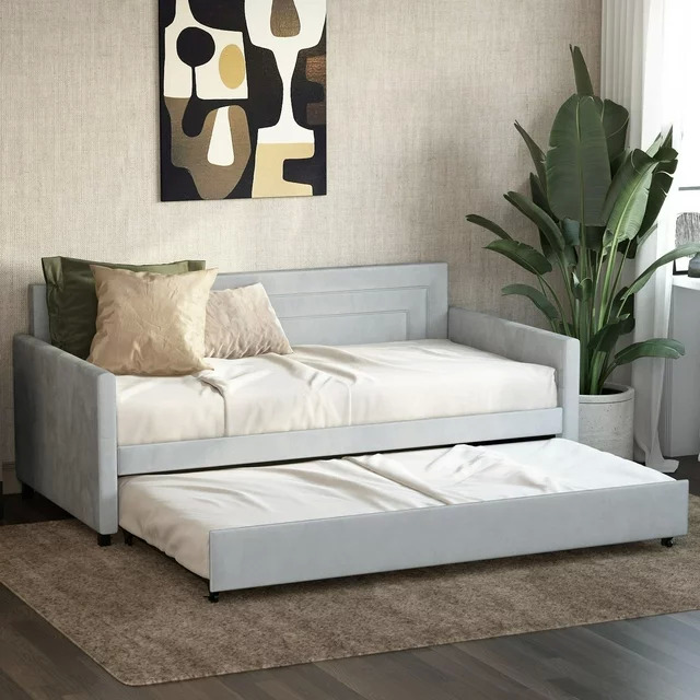 81 Queer Eye Oxford Upholstered Twin Daybed w/ Twin Trundle Light Gray Velvet $189 Free Shipping
