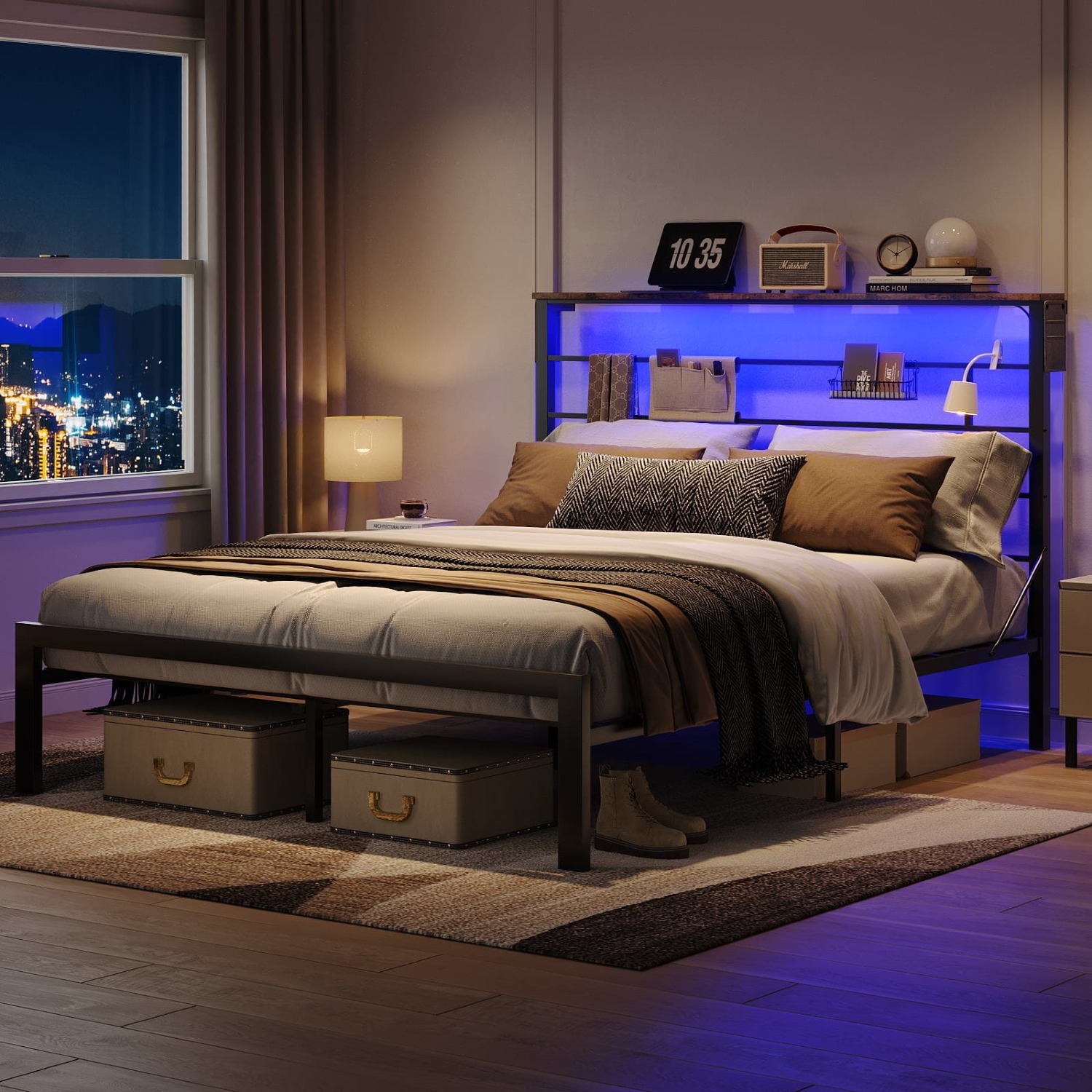 Bestier Bed Frame with 49.2 High LED Lights Headboard Shelf Twin $80, Full $120, Queen $130, King $140 Free Shipping