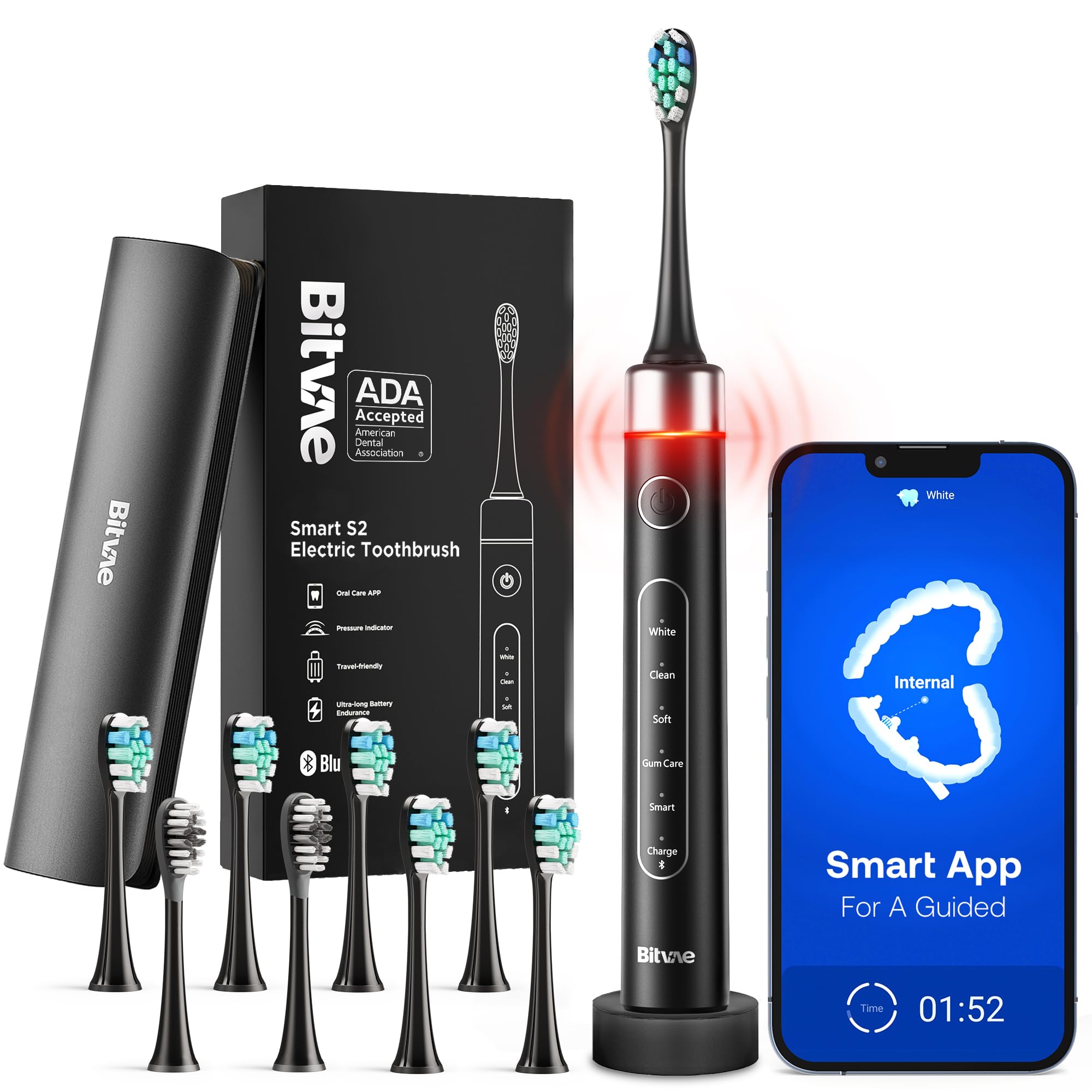 Bitvae Smart Ultrasonic Whitening Electric Toothbrush with 8 Brush Heads - Black SmartS2 $12.49