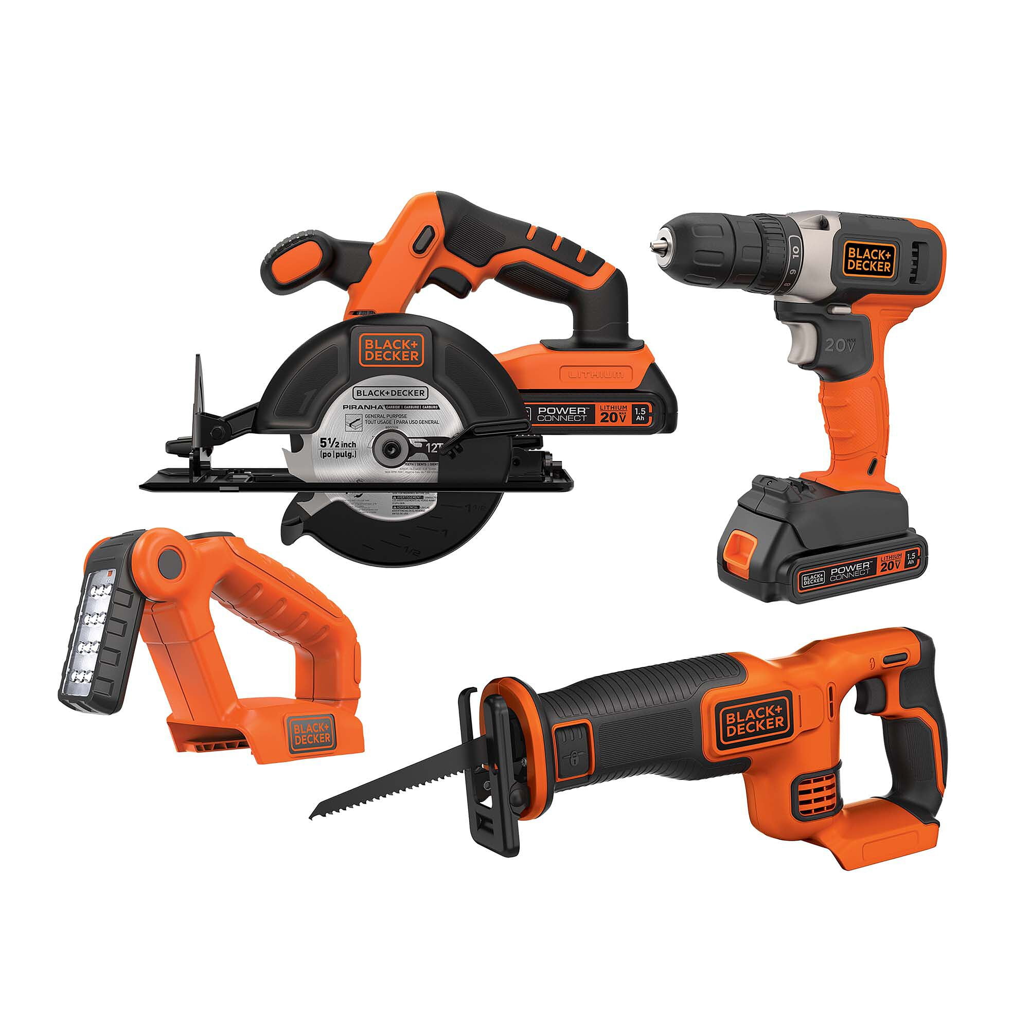 Black Decker 20 Volt 4-Tool Kit with Drill, Circular Saw, Reciprocating Saw, and Work Light, BD4KITCD7CSRSL $67