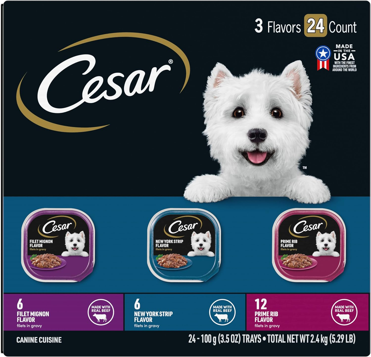 CESAR Filets in Gravy Adult Wet Dog Food, Filet Mignon, New York Strip and Prime Rib Flavors Variety Pack, 3.5 oz. Easy 