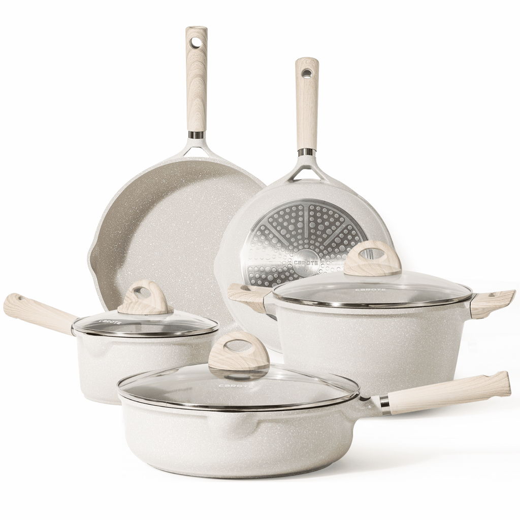 Carote Nonstick Pots and Pans Set, 8 Pcs Induction Kitchen Cookware Sets Beige Granite - $64.98