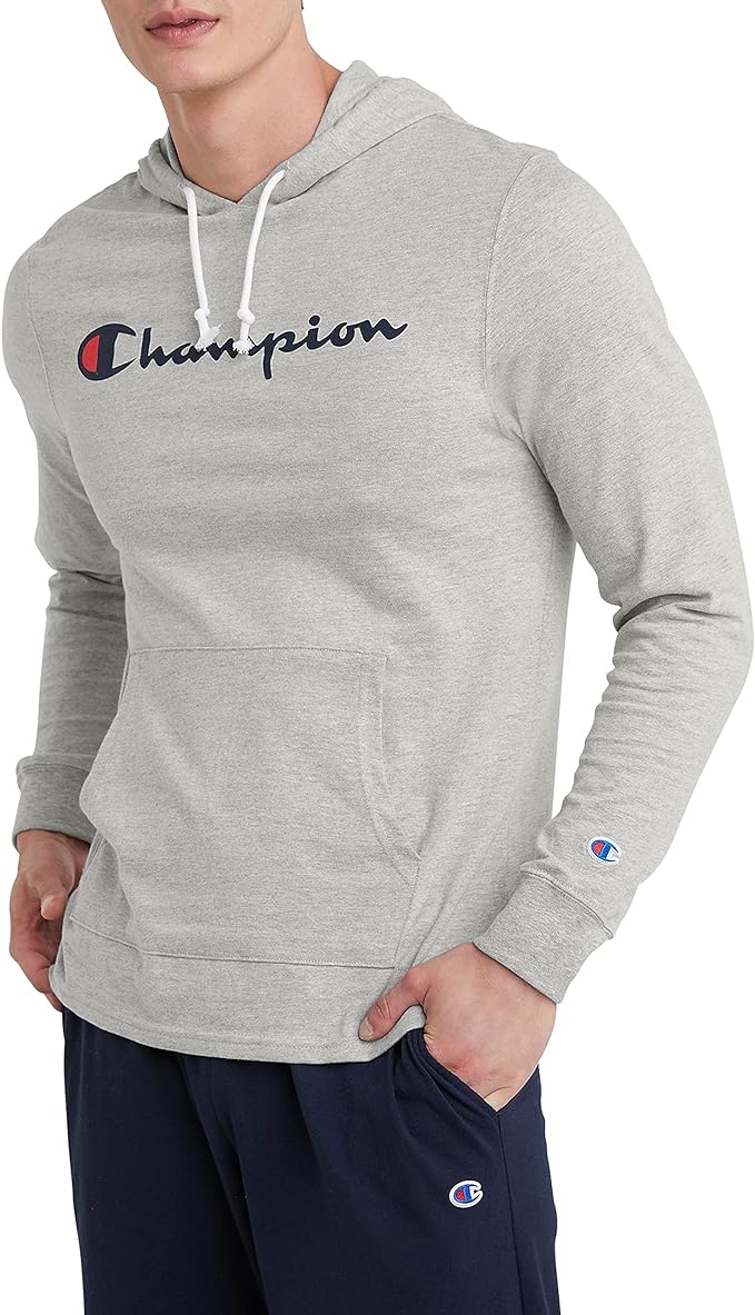 Champion Mens Midweight T-shirt Hoodie Oxford Gray Script from $14.95 Free Shipping w/ Prime or on $35