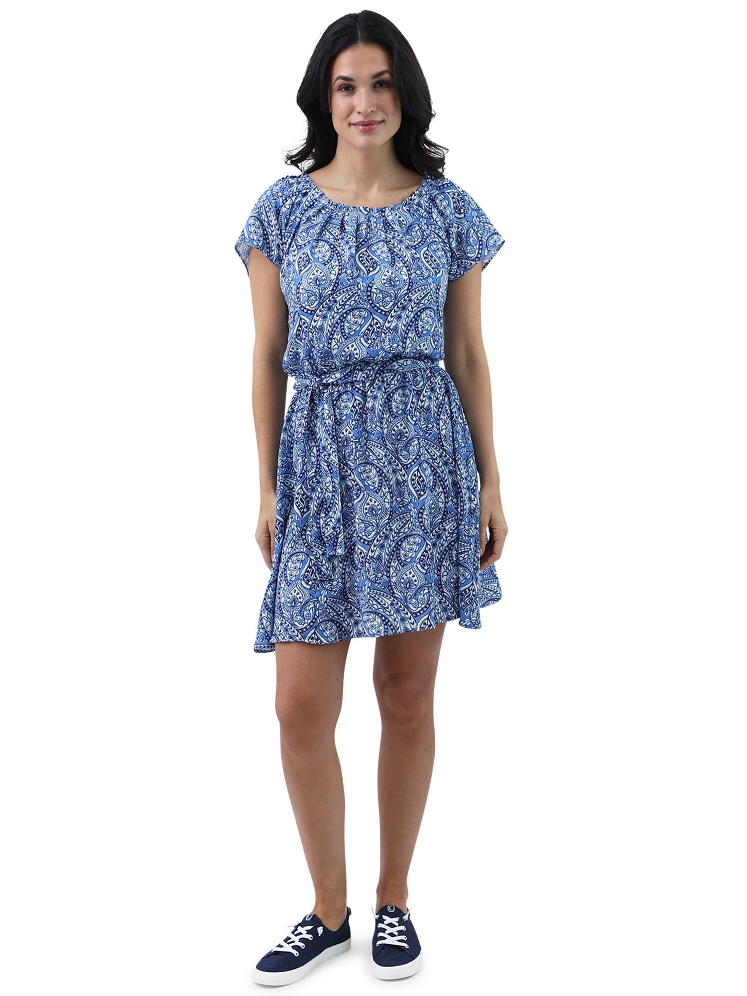 Chaps Womens Pleat Neck Crepe Dress w/ Removable Belt 2 colors $8.70 Free S H w/ Walmart or $35