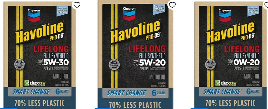 Chevron Havoline Lifelong Full Synthetic Motor Oil 0W-20 5W-20 5W-30 6 Quart Smart Change Box $24.97