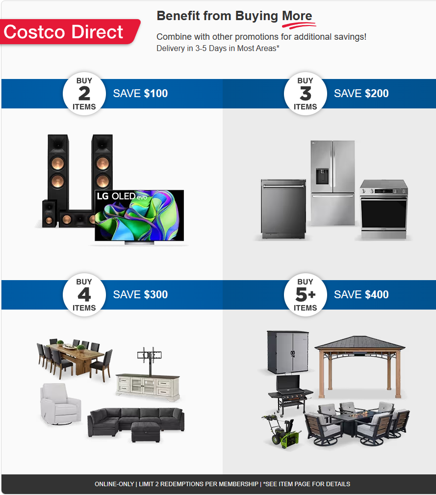 Costco Wholesale Costco Direct Items Buy 2 Save $100, Buy 3 Save $200, Buy 4 Items Save $300 More Free Shipping