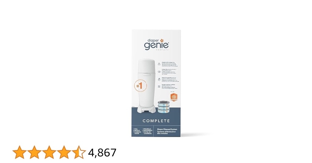 Diaper Genie Complete Diaper Pail White with Odor Control Includes 1 Diaper Trash Can, 3 Refill Bags, 1 Carbon Filter - 