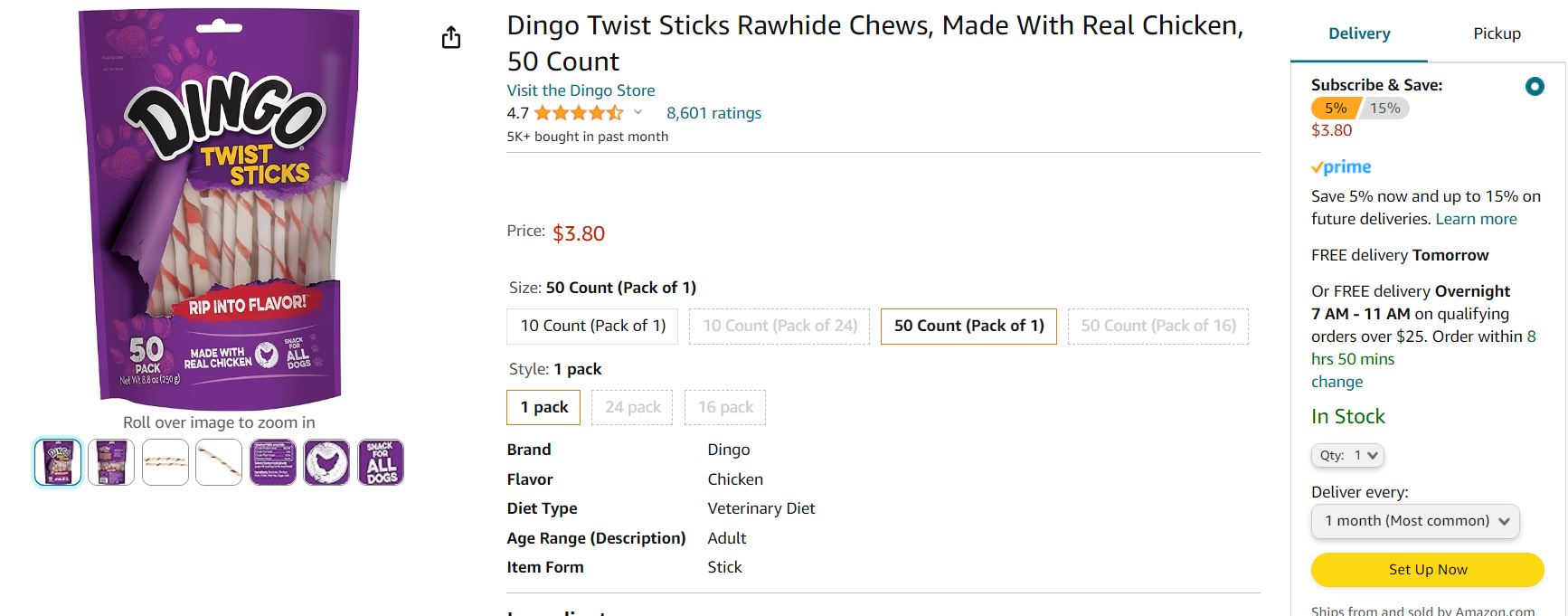 Dingo Twist Sticks 50 Count $3.80 with S S Free shipping with prime