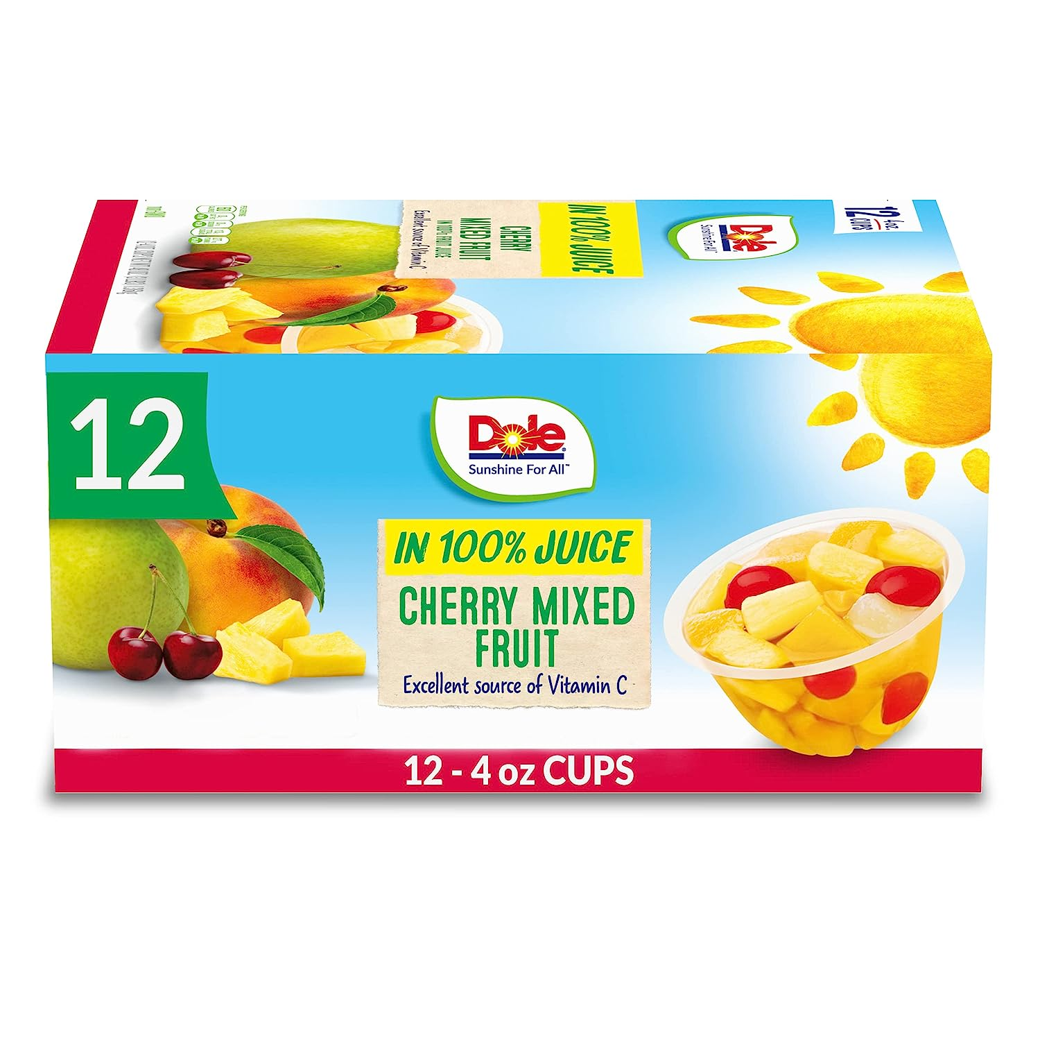 Dole Fruit Bowls Snacks Cherry Mixed Fruit in 100 Juice Snacks, 4oz 12 Total Cups, Gluten Dairy Free, Bulk Lunch Snacks