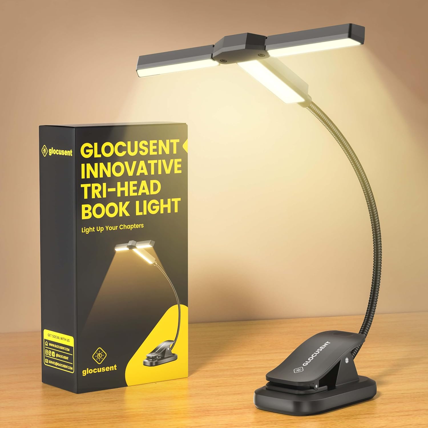 Glocusent Tri-Head Rechargeable Book Reading Light w/ Timer 4 colors $5.70 Free Shipping w/ Prime or on $35