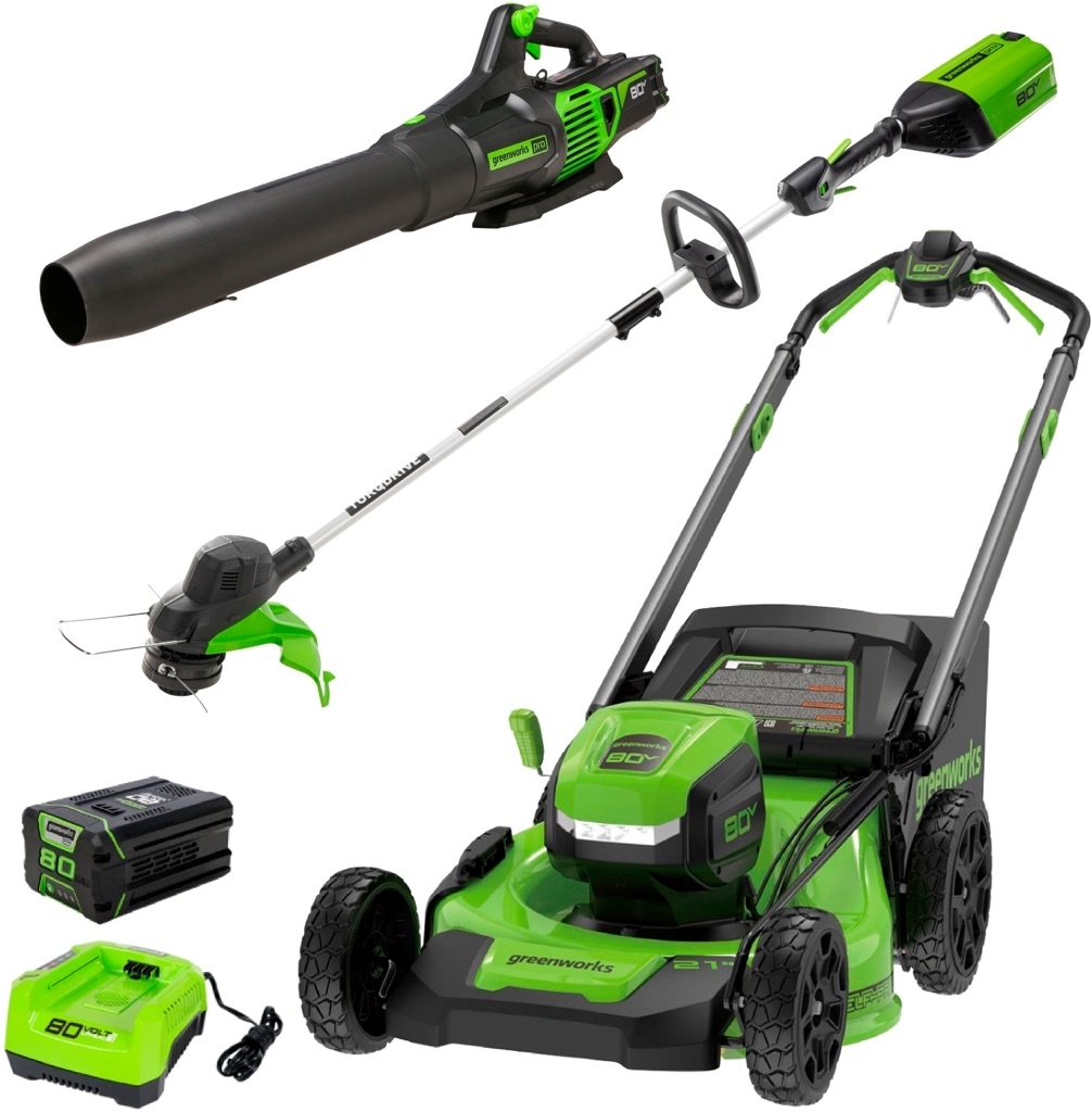 Greenworks 80V 21 Lawn Mower, 13 String Trimmer, and 730 Leaf Blower Combo with 4 Ah Battery Charger 3-piece combo Green