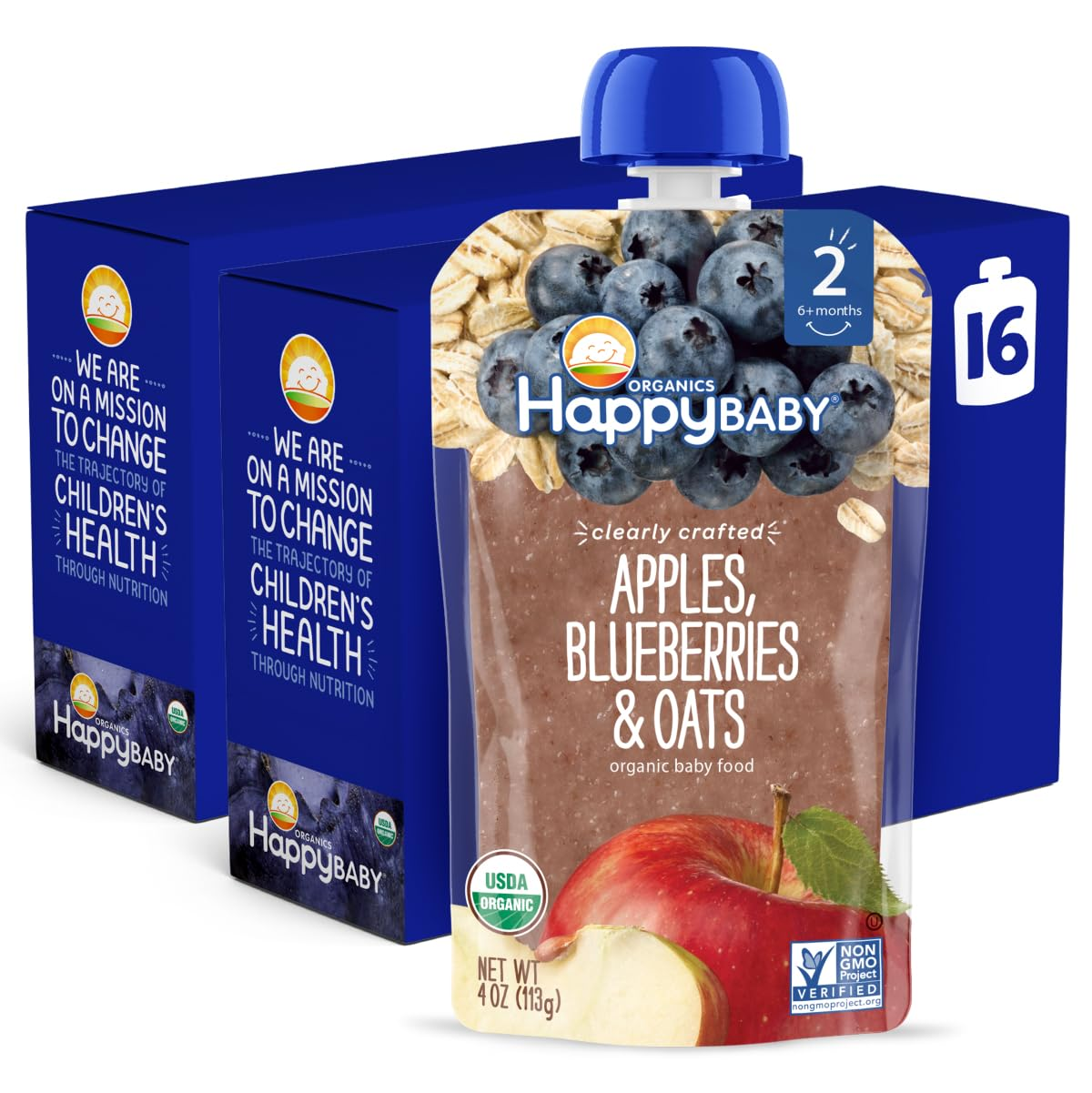 Happy Baby Organics Stage 2 Baby Food Pouches, Gluten Free, Vegan Healthy Snack, Clearly Crafted Oat Fruit Puree, Apples