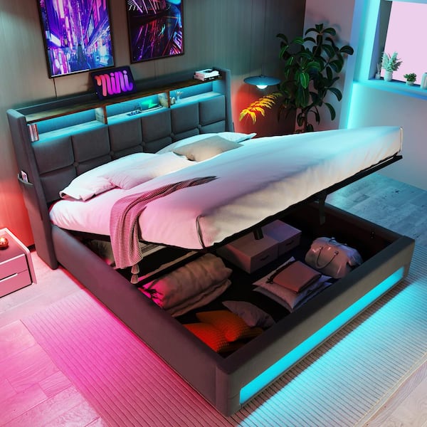 Harper Bright Platform Bed w/ LED Lights Hydraulic Storage Headboard Full $331.20 Free Shipping