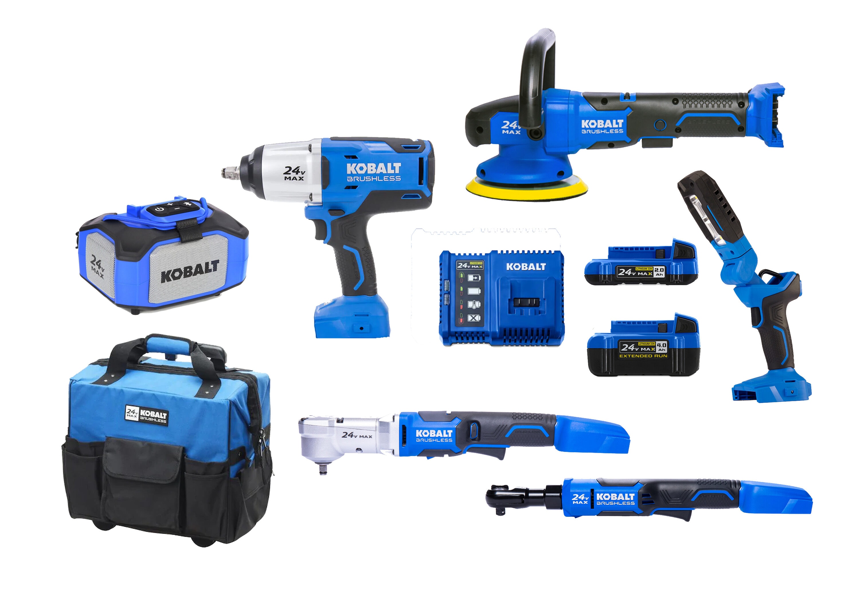 KOBALT 6 tool brushless kit w/ rolling case, 2.0 4.0 batteries, charger includes 1/2 impact, right angle impact, 3/8 rat