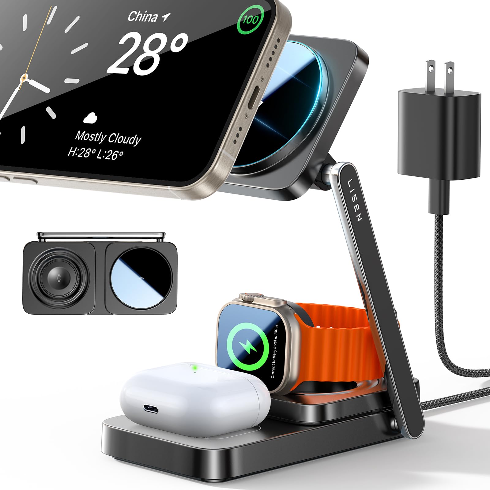 LISEN 3-in-1 Apple Magsafe Wireless Multi-Device Adjustable Charging Station $25.50 Free Shipping