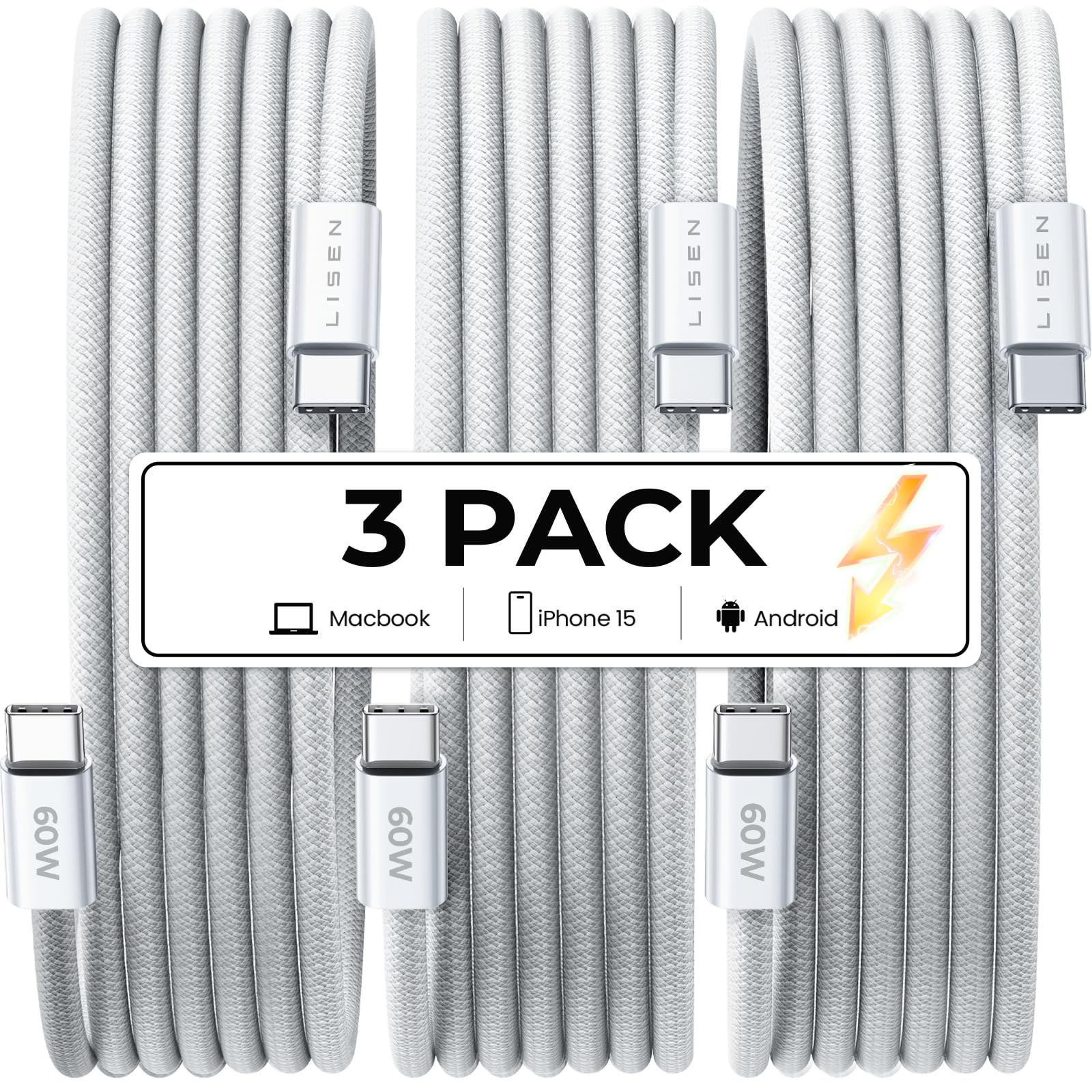 LISEN USB C Cable to USB C for Safe Certified 60W 3-Pack 6.6ft USBC to USBC Cable Type C Fast Charging Charger Cable $3.