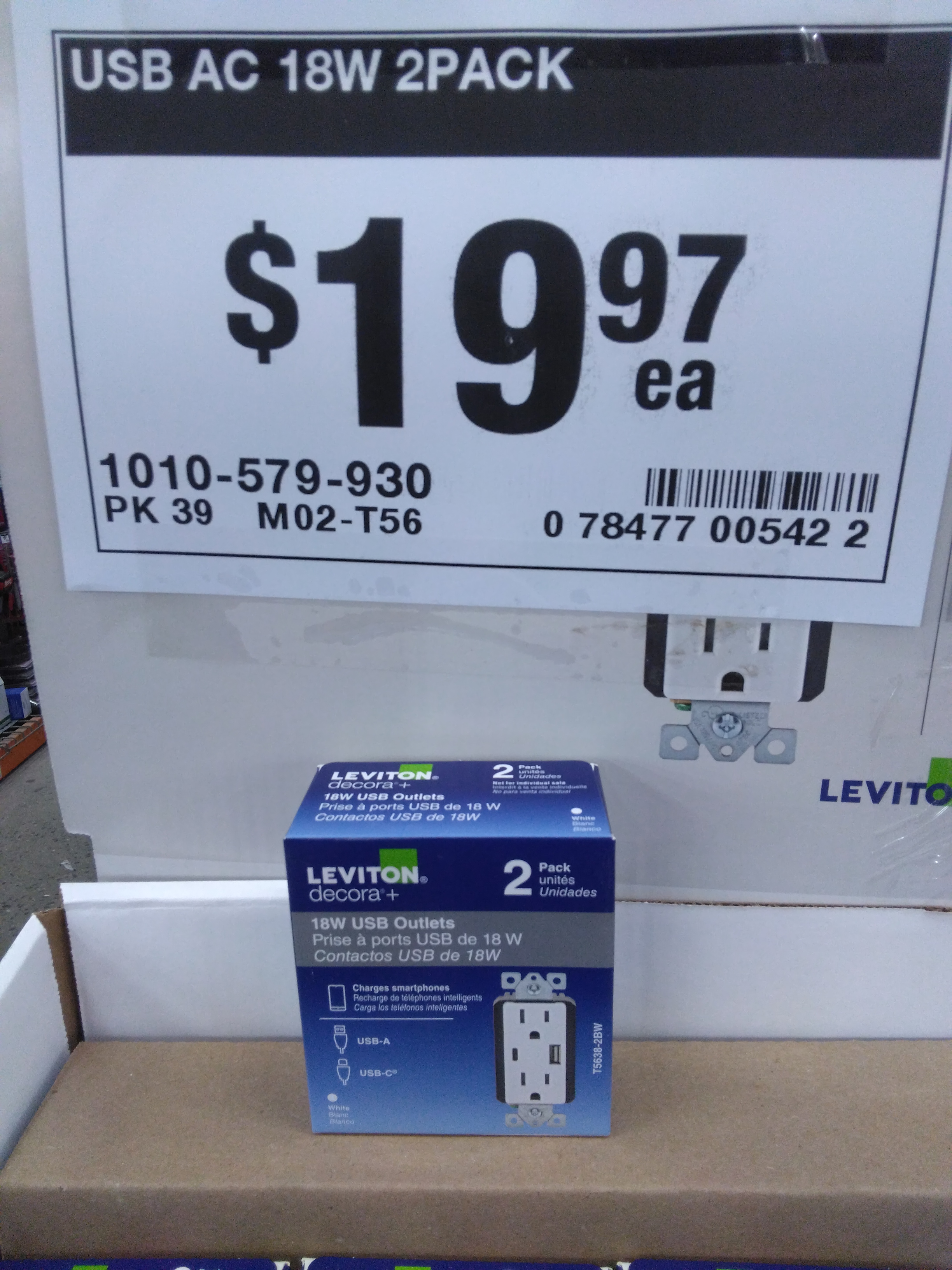 Leviton 15A Tamper Resistant Type A/C 3.6A 18-Watt USB Outlet 2-pack $19.97