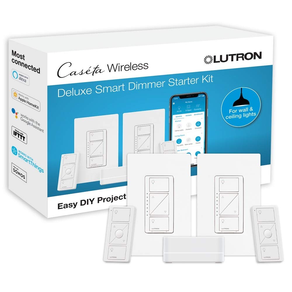 Lutron Caseta Deluxe Smart Dimmer Switch 2 Count Kit with Caseta Smart Hub Works with Alexa, Apple Home, Ring, Google As