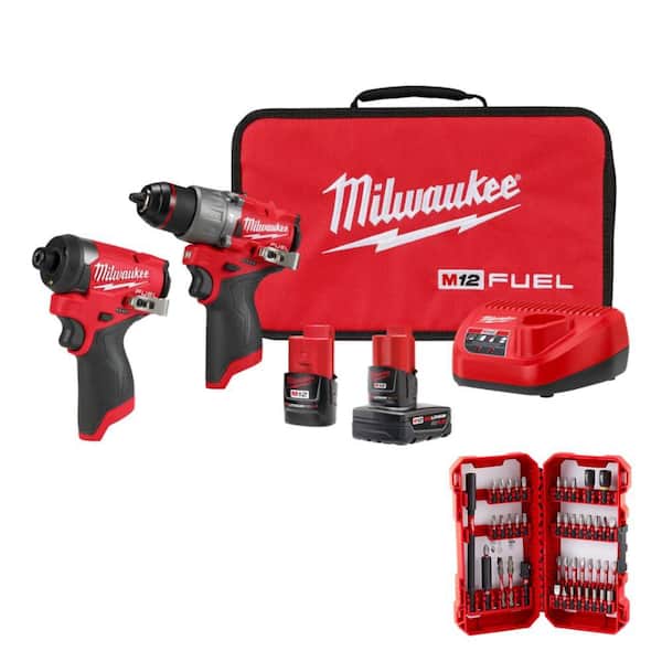 M12 FUEL 12-Volt Lithium-Ion Brushless Cordless Hammer Drill Impact Driver Combo Kit with Bit Set for $151.47, with 5.0A
