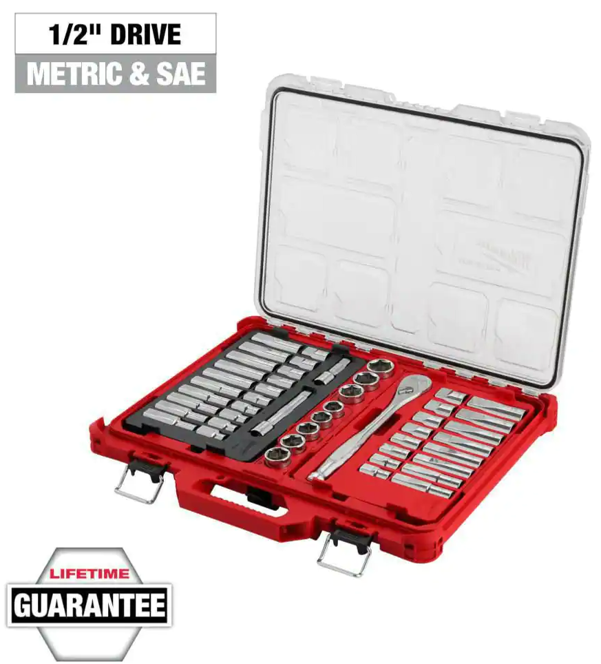 Milwaukee 1/2 in Drive SAE/Metric Ratchet Socket Set with Packout Case 47-piece $199 Home Depot