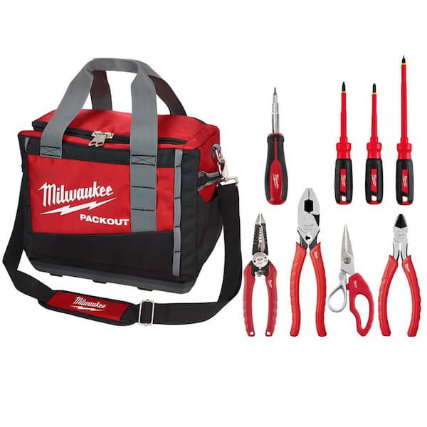 Milwaukee 15 in. Packout Tool Bag Electrician Hand Tool Set 9-Piece $99