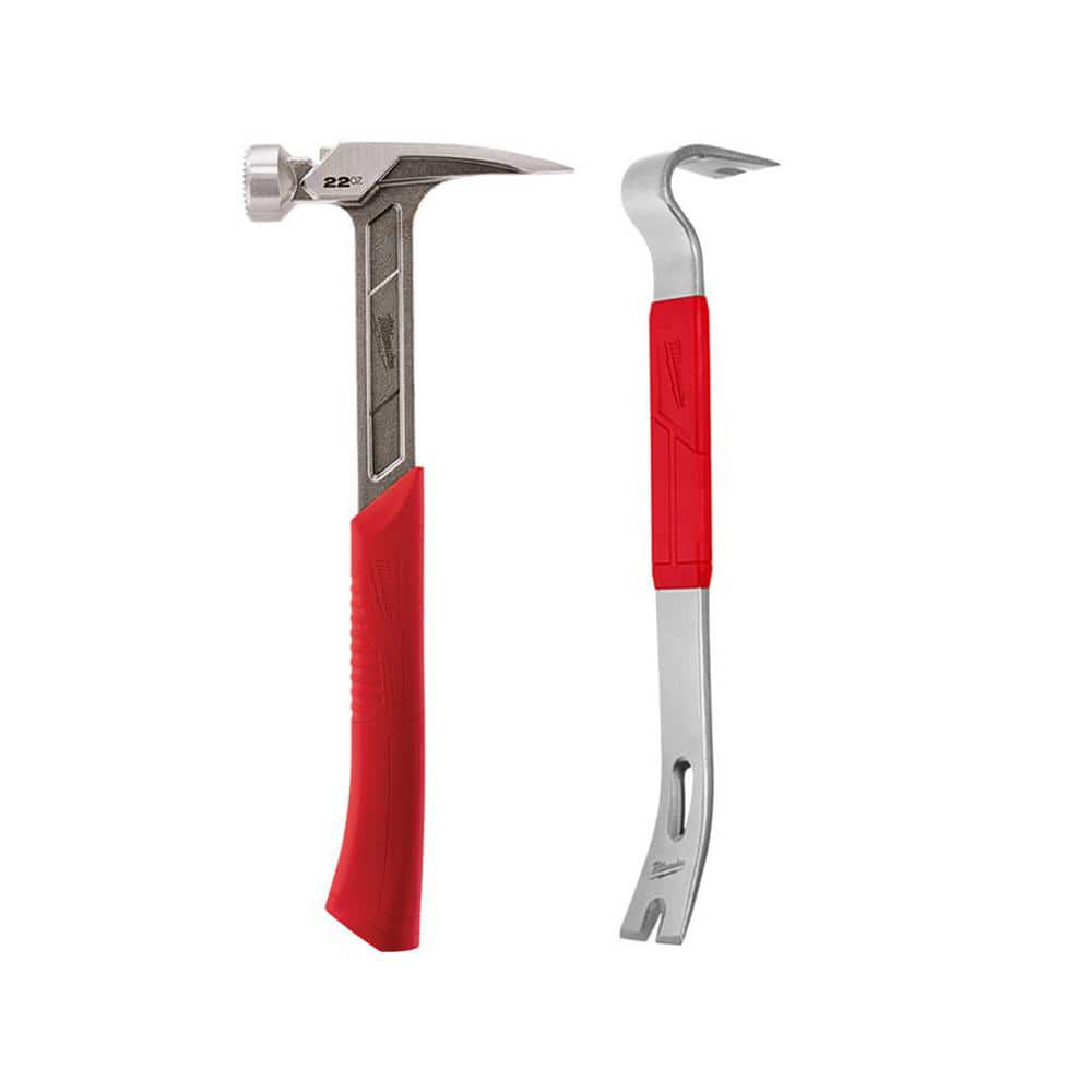 Milwaukee 22 oz. Milled Face Framing Hammer with 15 in. Pry Bar 48-22-9022-48-22-9035 - $29.97