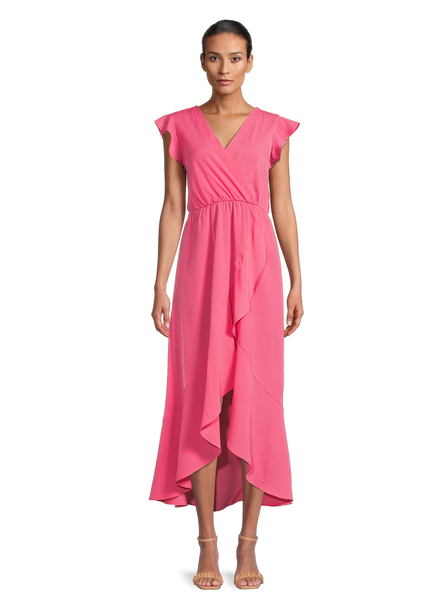 Nine.Eight Women s Flutter Sleeve Faux Wrap Maxi Dress Hot Pink $10.82 More Free S H w/ Walmart or $35