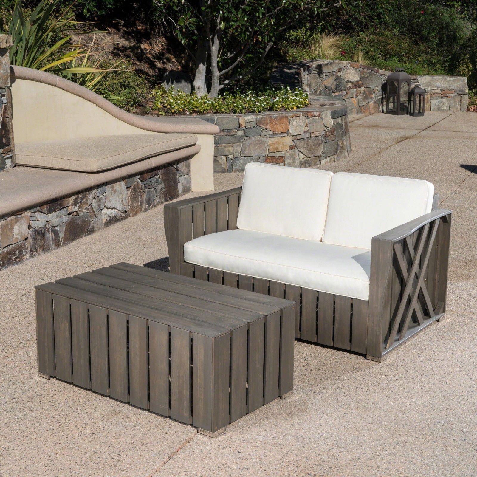 Outdoor Acacia Wood Loveseat and Coffee Table Set with Cushions $75.62 w/Free Shipping