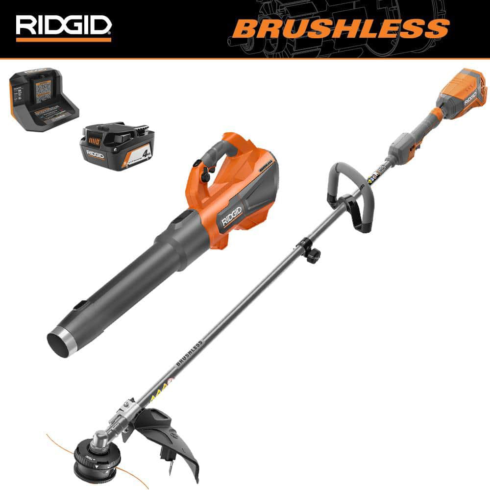 RIDGID 18V Brushless 14 in. Cordless Battery String Trimmer and Leaf Blower 2-Tool Combo Kit with 4.0 Ah Battery and Cha