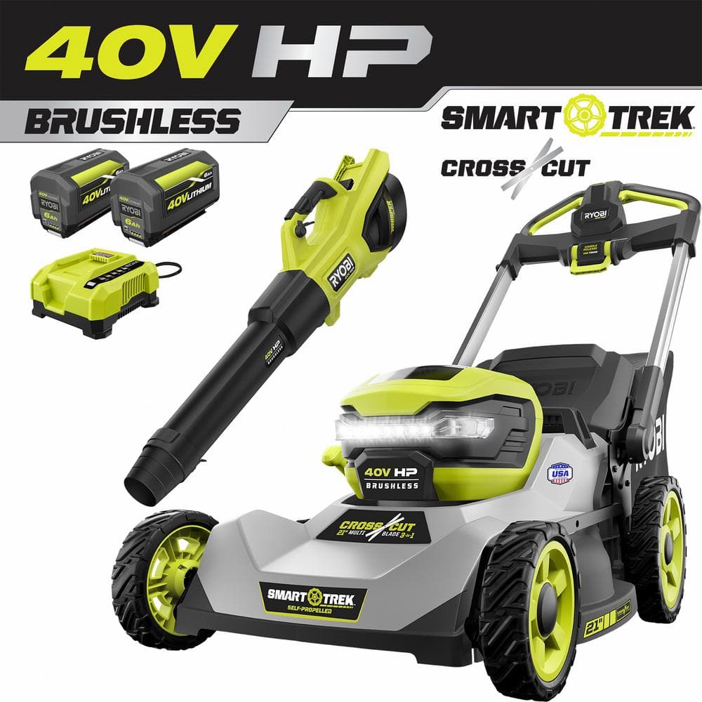 RYOBI 40V HP Brushless 21 in. Battery Walk Behind Dual-Blade Self-Propelled Mower 190mph Whisper Series Blower w/2 Batte