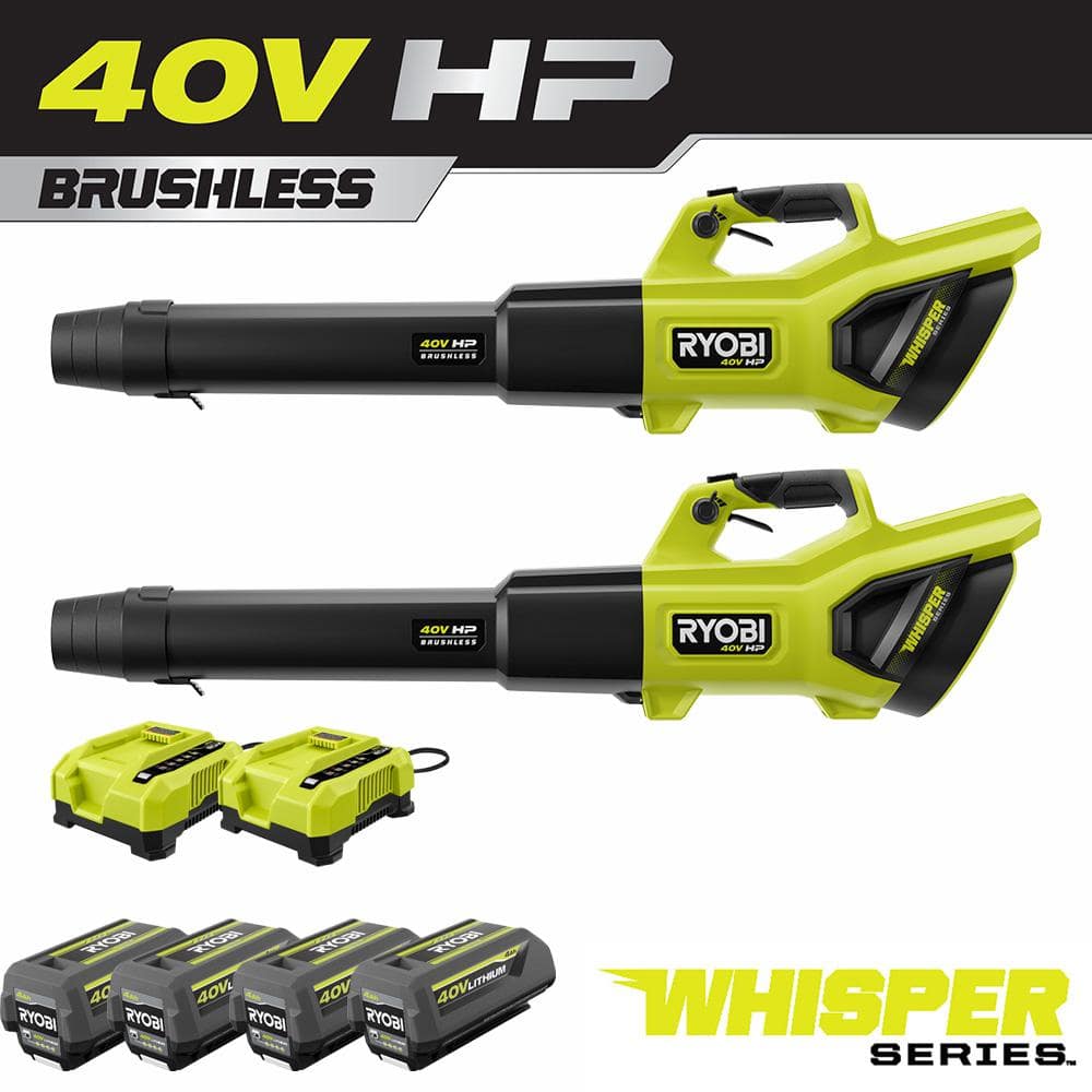 RYOBI 40V HP Brushless Whisper Series 190 MPH 730 CFM Cordless Battery Leaf Blower 2-Tool with 4 Batteries and 2 Charger