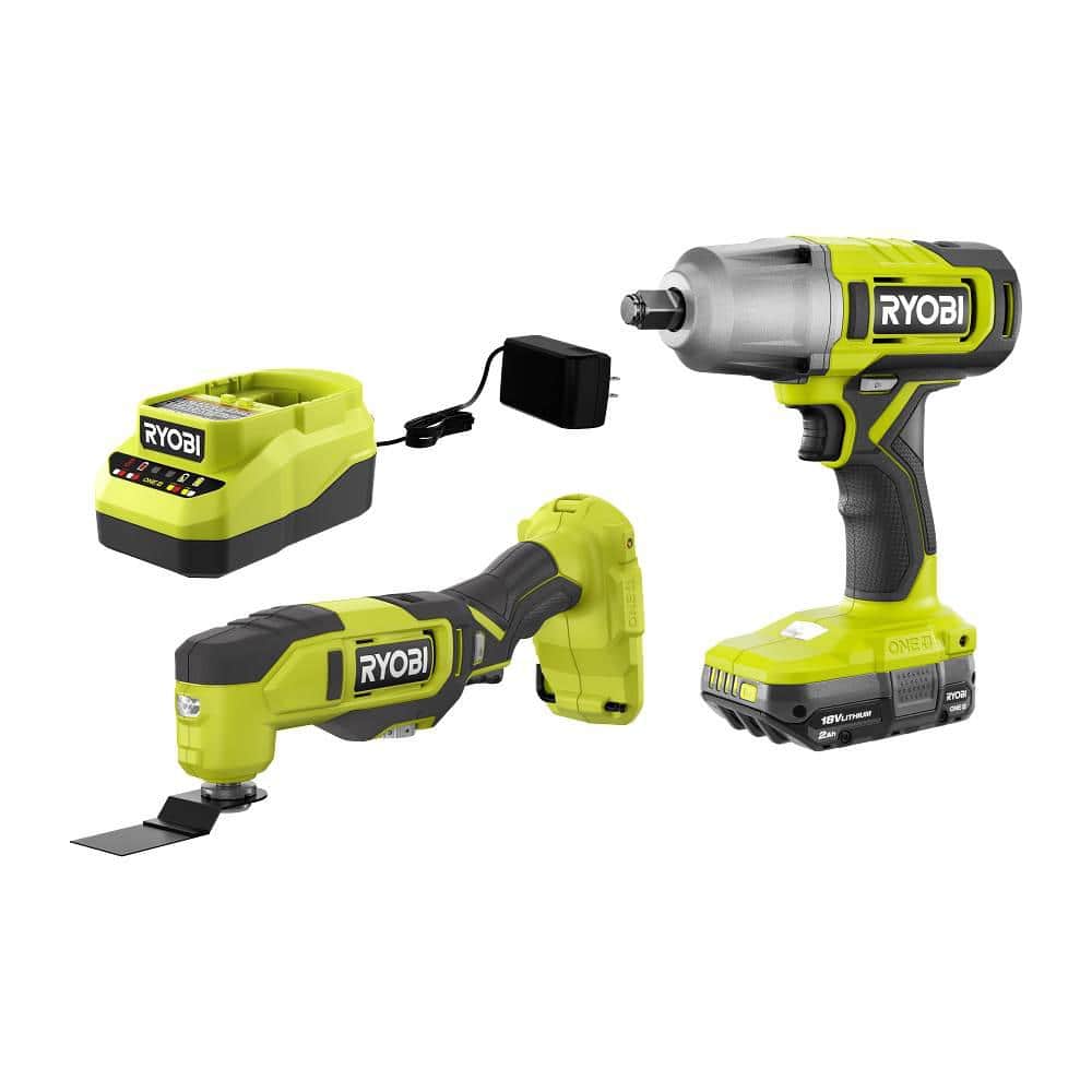 RYOBI ONE 18V Cordless 2-Tool Combo Kit with 1/2 Impact Wrench, 3/8 4-Position Ratchet, 2.0 Ah Battery and Charger $139 