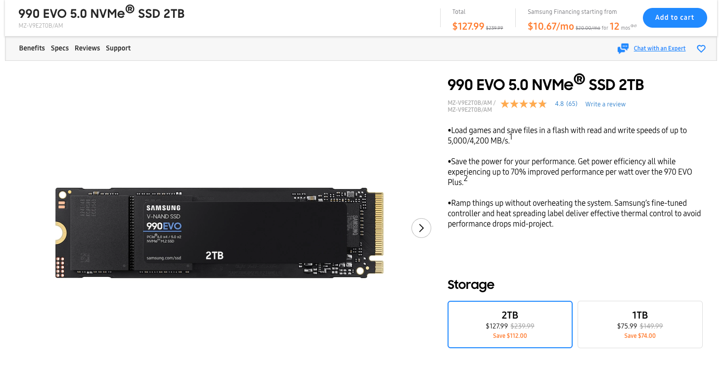 Samsung 990 Evo 2TB M.2 SSD $128 with EPP $127.99