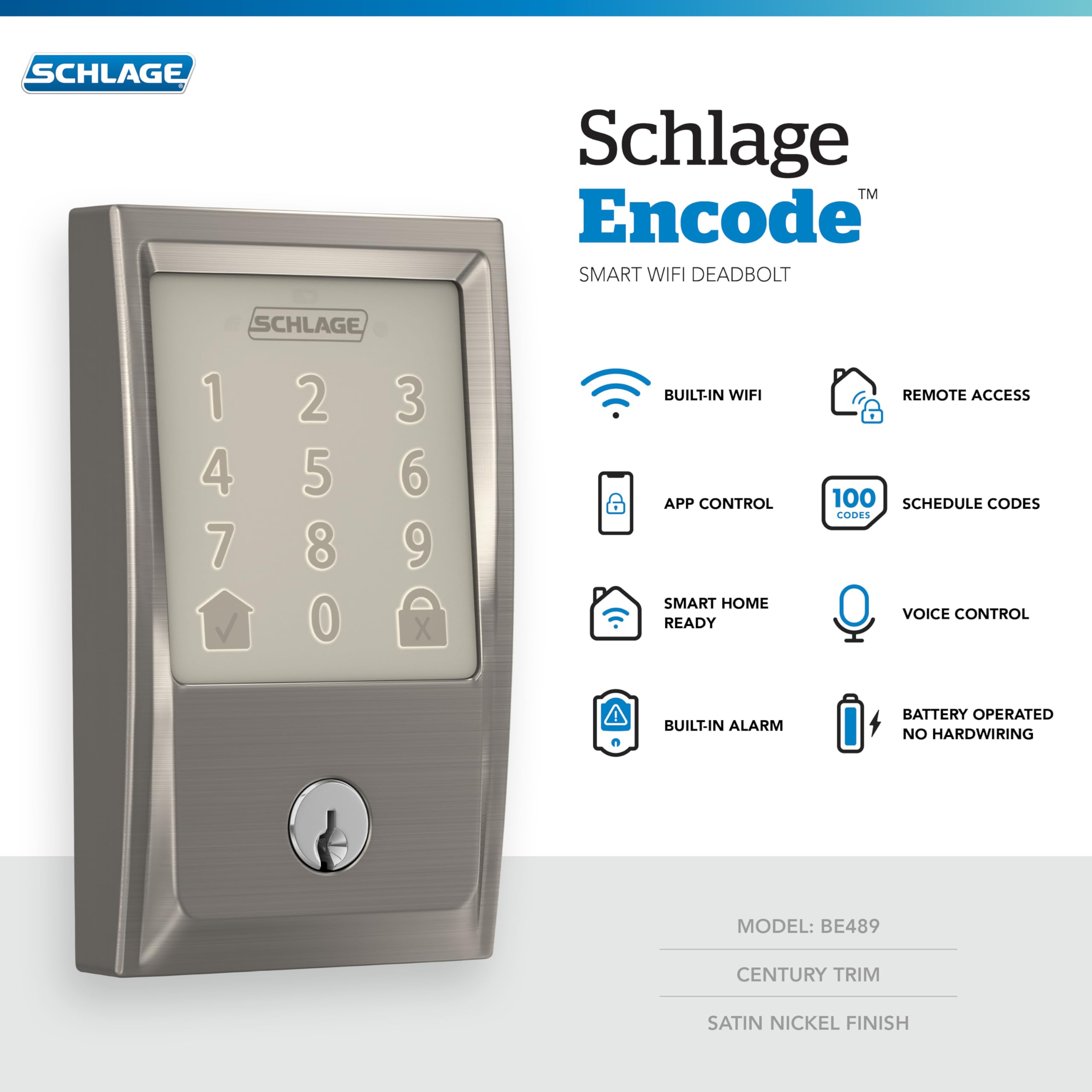 Schlage Encode Smart Wi-Fi Deadbolt with Century Trim in Satin Nickel $192.6